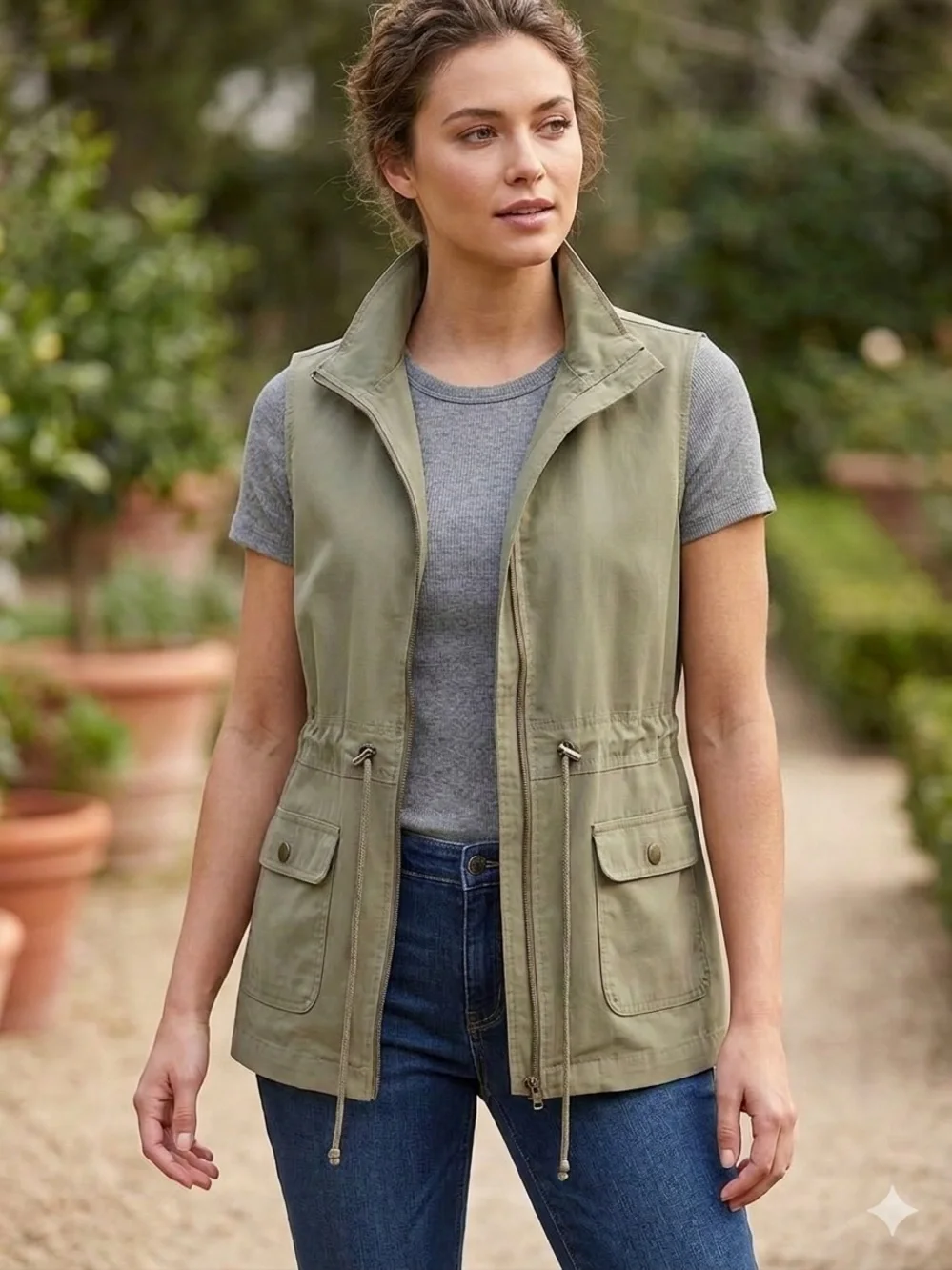 On the Go Riders by Lee Olive Utility Vest w/ Drawstring Waist Women Size Medium